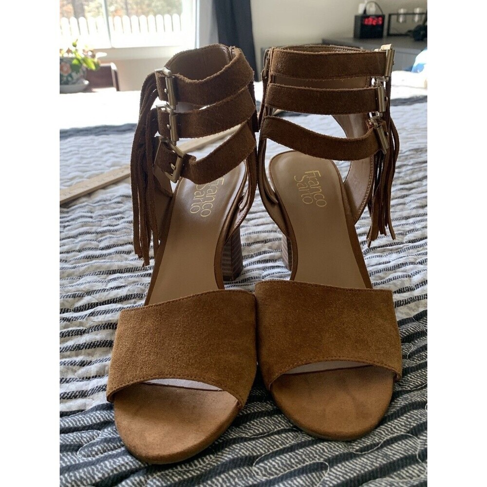 Franco Sarto Delmar Block Heeled Sandals Size 8 Women’s Brown Leather Fringed